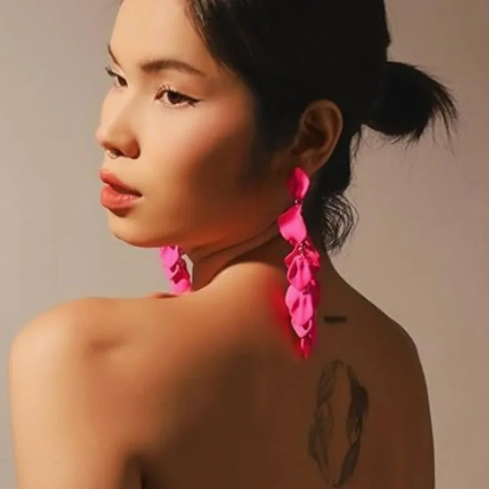 Floral Elegant long Pink Rose petals Earrings
